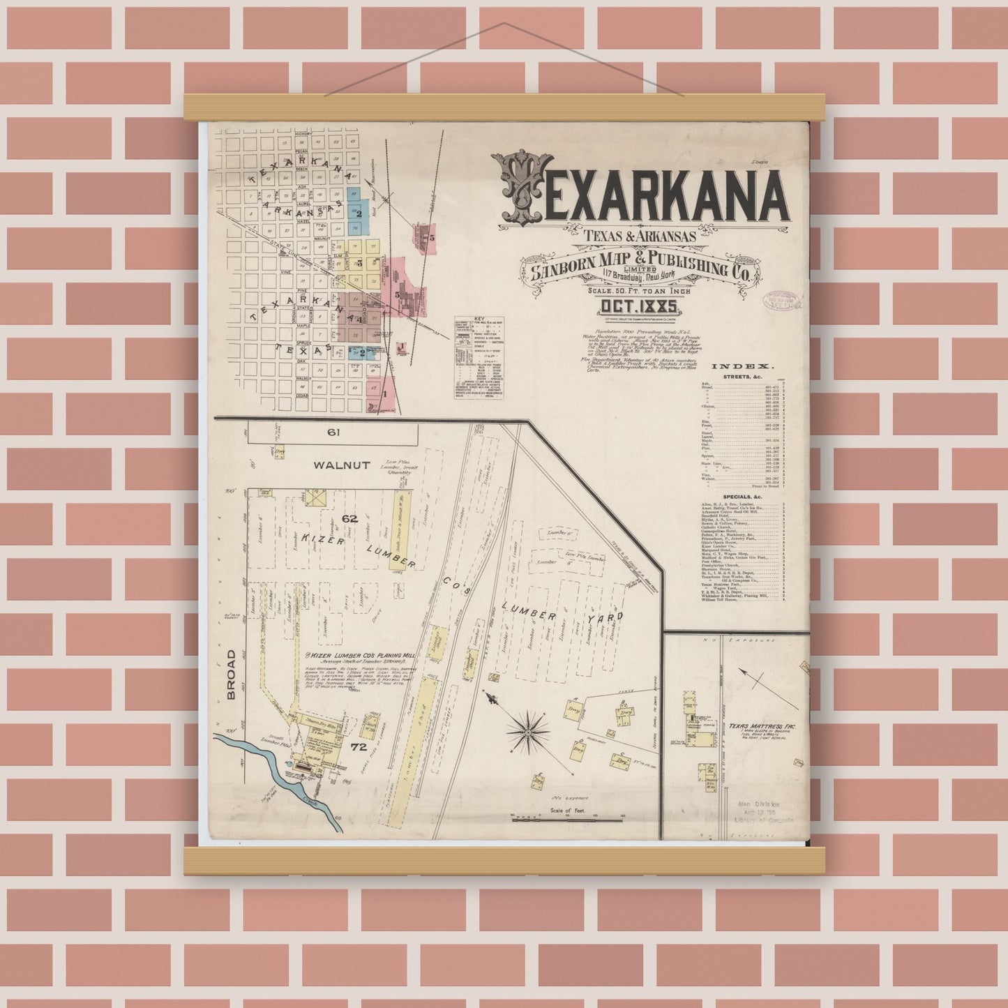 Old map wall art mockup — magnetic wood frame on brick wall — Sanborn Fire Insurance Map from Texarkana, Bowie County, Texas (1885), Sheet #0001