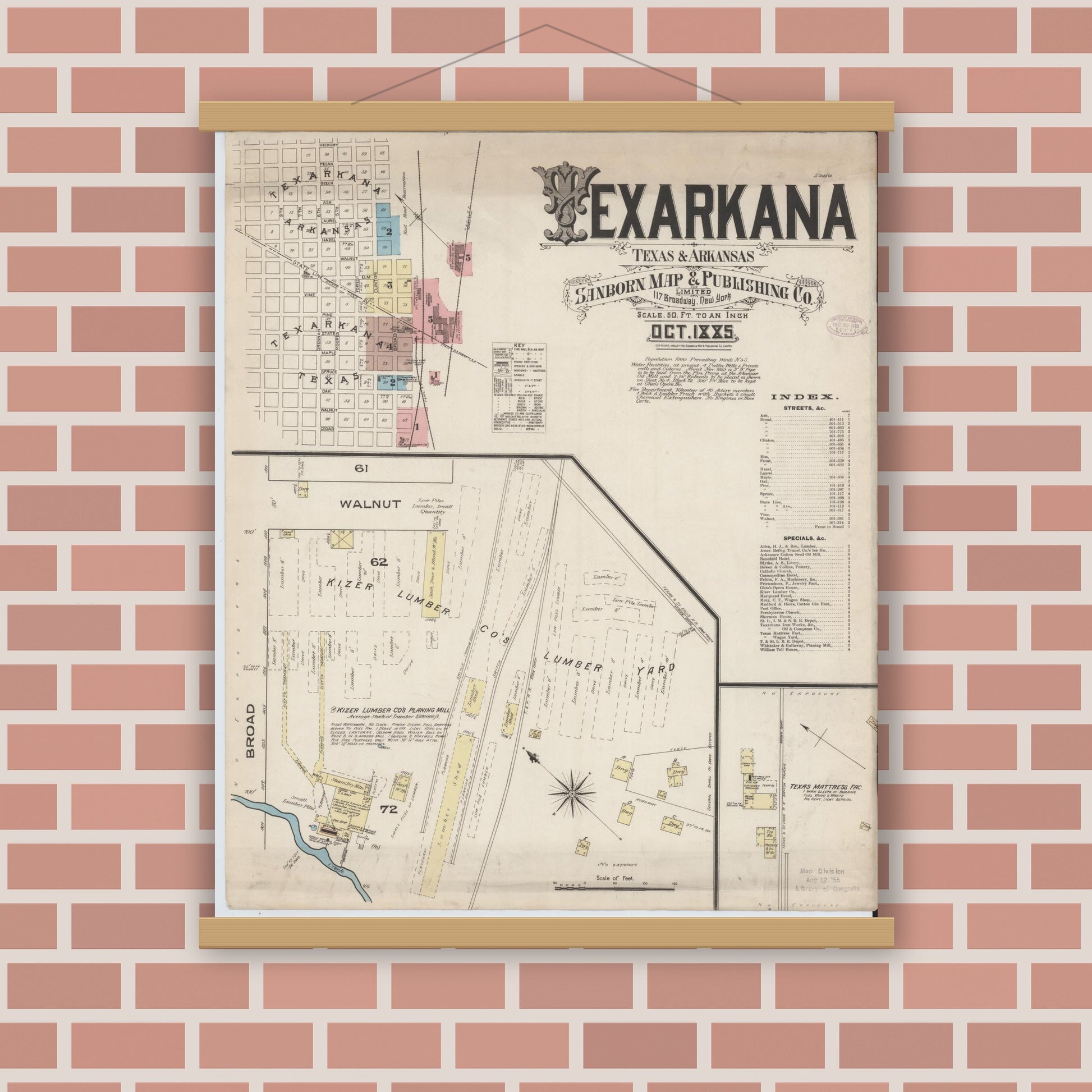 Old map wall art mockup — magnetic wood frame on brick wall — Sanborn Fire Insurance Map from Texarkana, Bowie County, Texas (1885), Sheet #0001