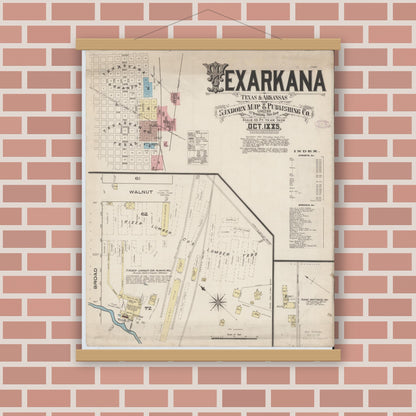 Old map wall art mockup — magnetic wood frame on brick wall — Sanborn Fire Insurance Map from Texarkana, Bowie County, Texas (1885), Sheet #0001