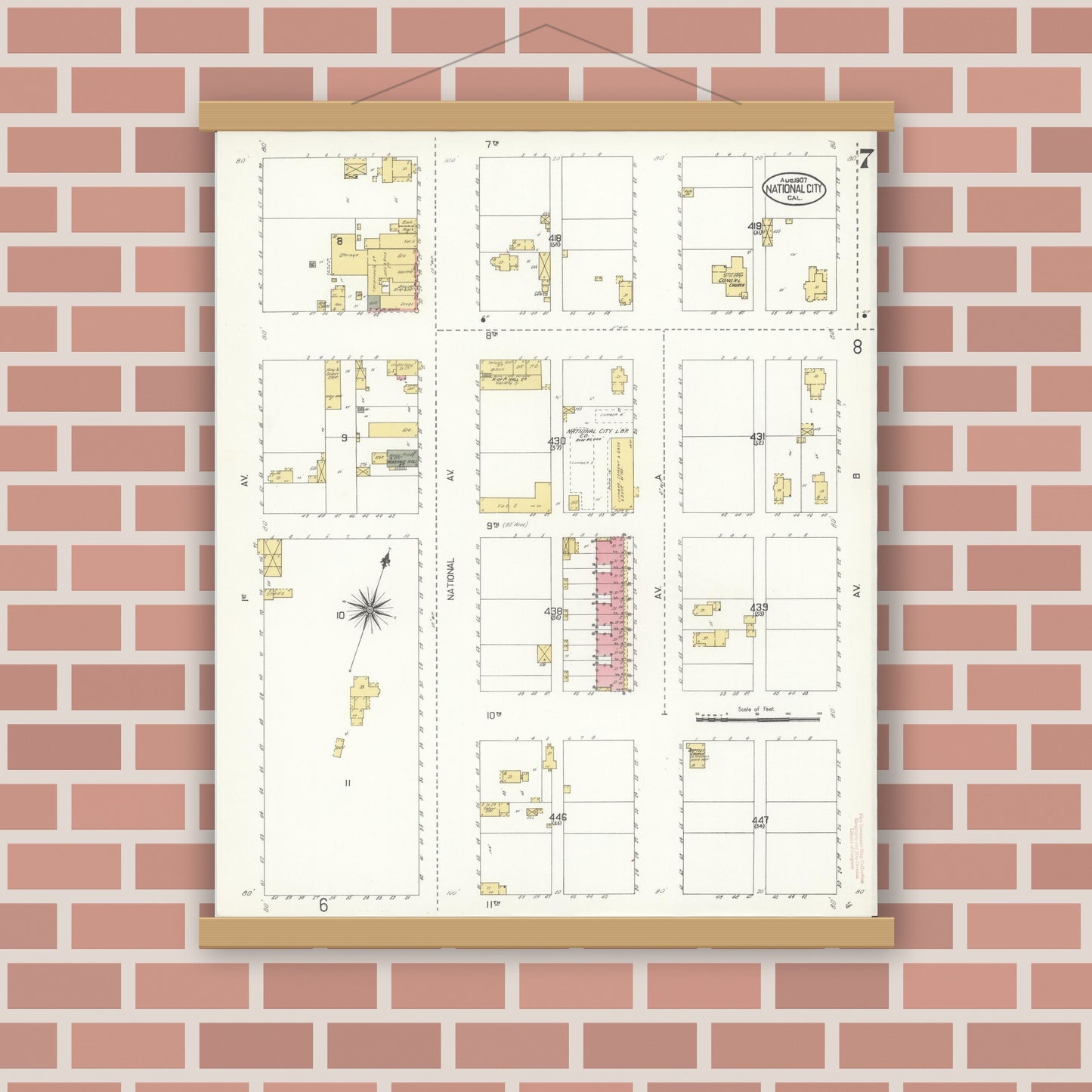 Old map wall art mockup — magnetic wood frame on brick wall — Sanborn Fire Insurance Map from National City, San Diego County, California (1907), Sheet #0007