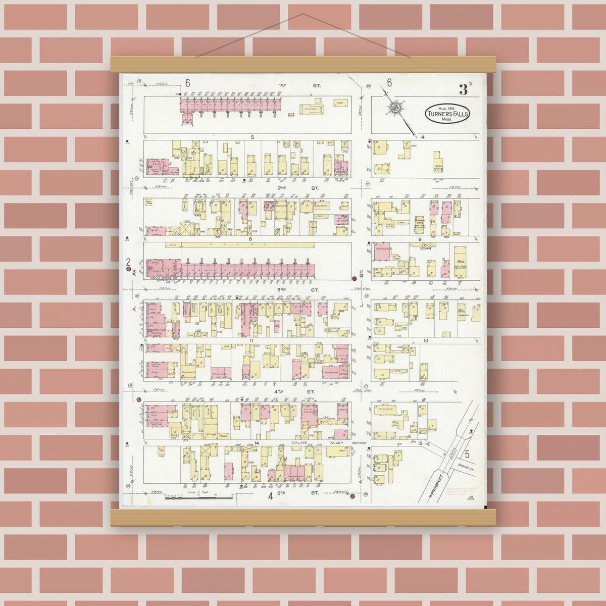 Old map wall art mockup — magnetic wood frame on brick wall — Sanborn Fire Insurance Map from Turners Falls, Franklin County, Massachusetts (1914), Sheet #0003