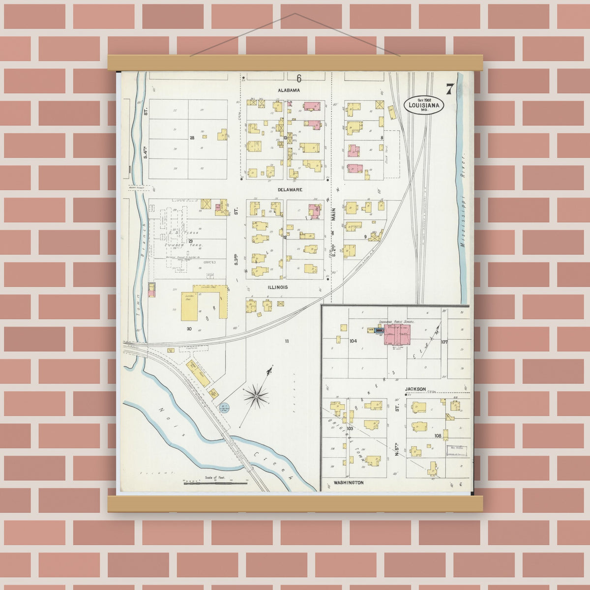 Old map wall art mockup — magnetic wood frame on brick wall — Sanborn Fire Insurance Map from Louisiana, Pike County, Missouri (1902), Sheet #0007