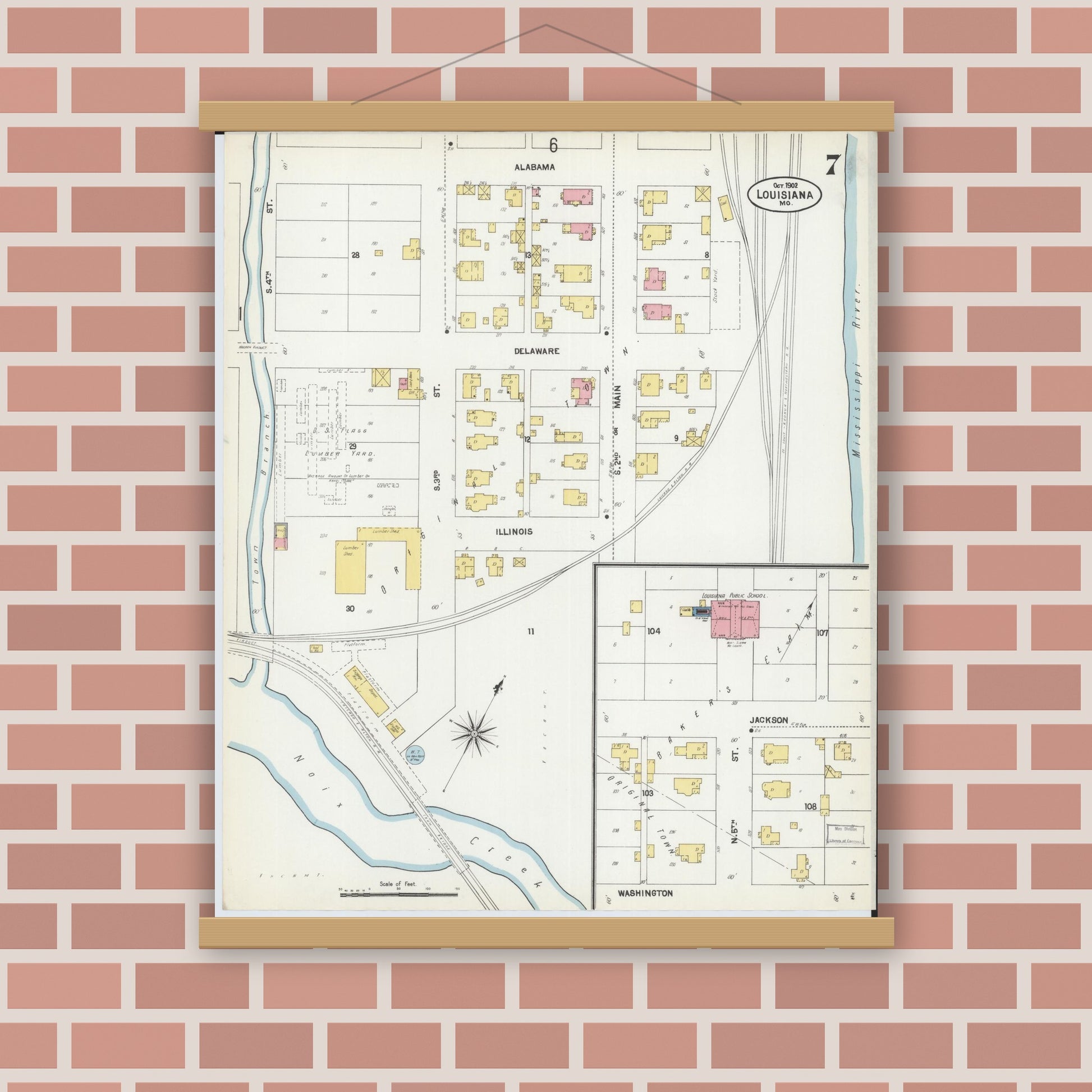 Old map wall art mockup — magnetic wood frame on brick wall — Sanborn Fire Insurance Map from Louisiana, Pike County, Missouri (1902), Sheet #0007