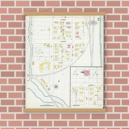 Old map wall art mockup — magnetic wood frame on brick wall — Sanborn Fire Insurance Map from Louisiana, Pike County, Missouri (1902), Sheet #0007