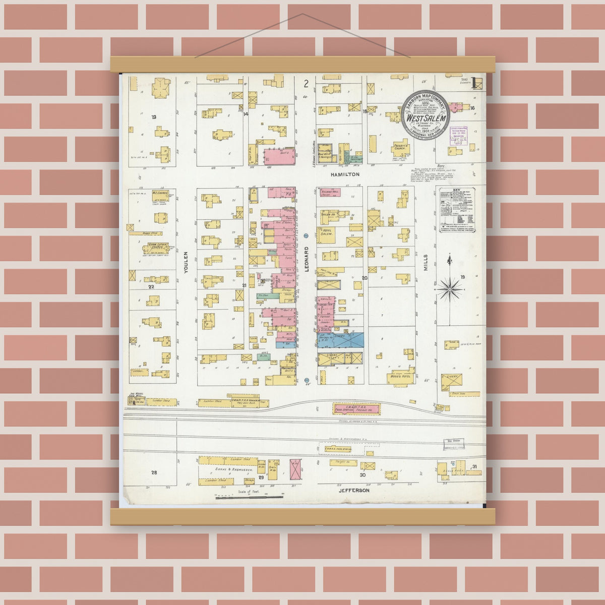 Old map wall art mockup — magnetic wood frame on brick wall — Sanborn Fire Insurance Map from West Salem, La Crosse County, Wisconsin (1904), Sheet #0001