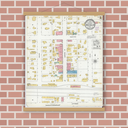 Old map wall art mockup — magnetic wood frame on brick wall — Sanborn Fire Insurance Map from West Salem, La Crosse County, Wisconsin (1904), Sheet #0001