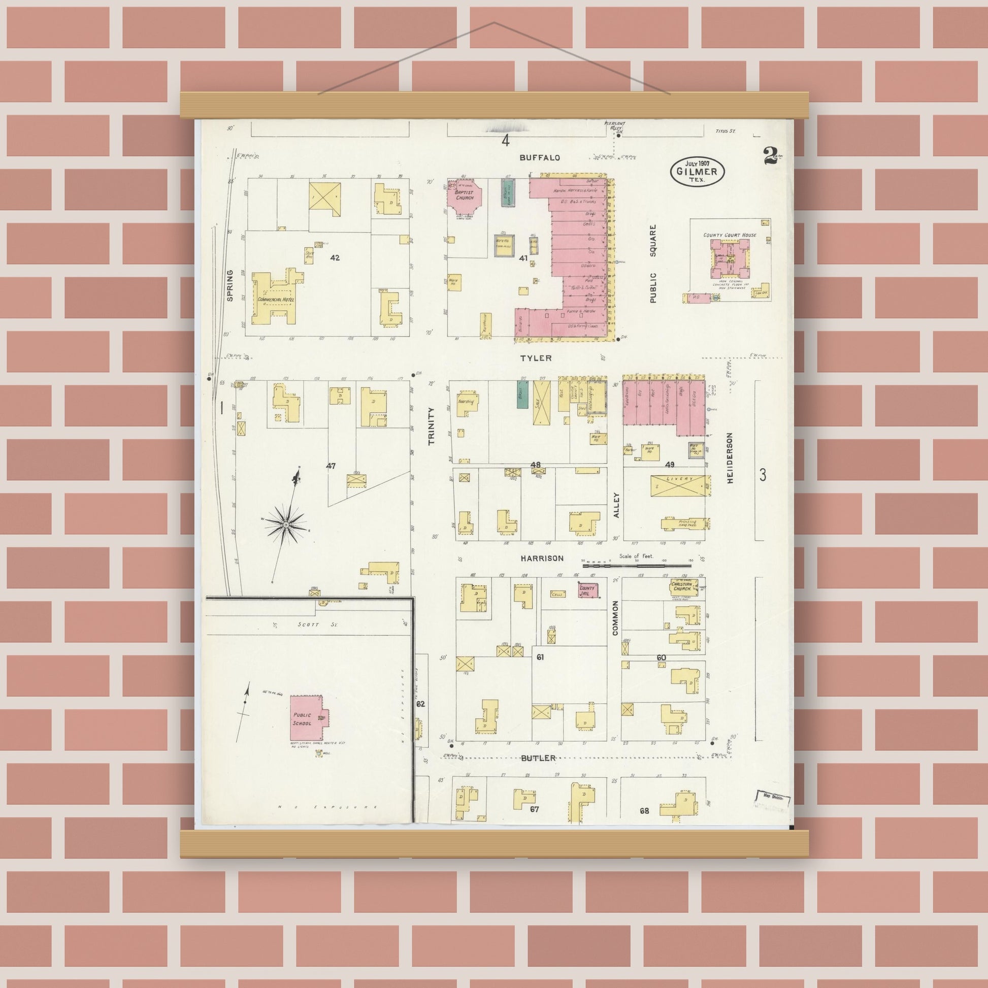Old map wall art mockup — magnetic wood frame on brick wall — Sanborn Fire Insurance Map from Gilmer, Upshur County, Texas (1907), Sheet #0002