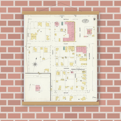 Old map wall art mockup — magnetic wood frame on brick wall — Sanborn Fire Insurance Map from Gilmer, Upshur County, Texas (1907), Sheet #0002
