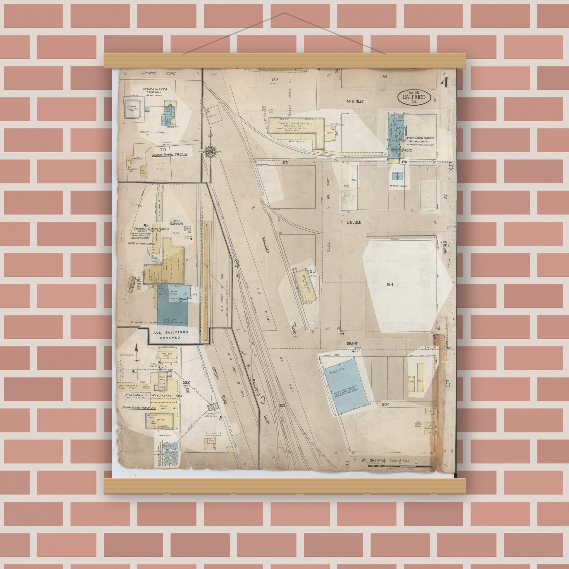 Old map wall art mockup — magnetic wood frame on brick wall — Sanborn Fire Insurance Map from Calexico, Imperial County, California (1956), Sheet #0004