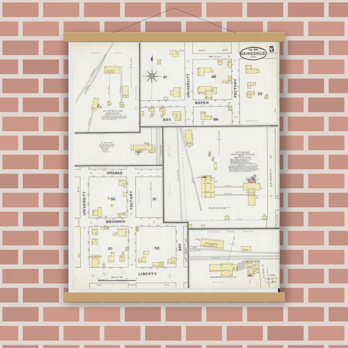 Old map wall art mockup — magnetic wood frame on brick wall — Sanborn Fire Insurance Map from Gainesville, Alachua County, Florida (1892), Sheet #0005
