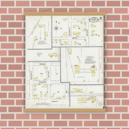 Old map wall art mockup — magnetic wood frame on brick wall — Sanborn Fire Insurance Map from Gainesville, Alachua County, Florida (1892), Sheet #0005