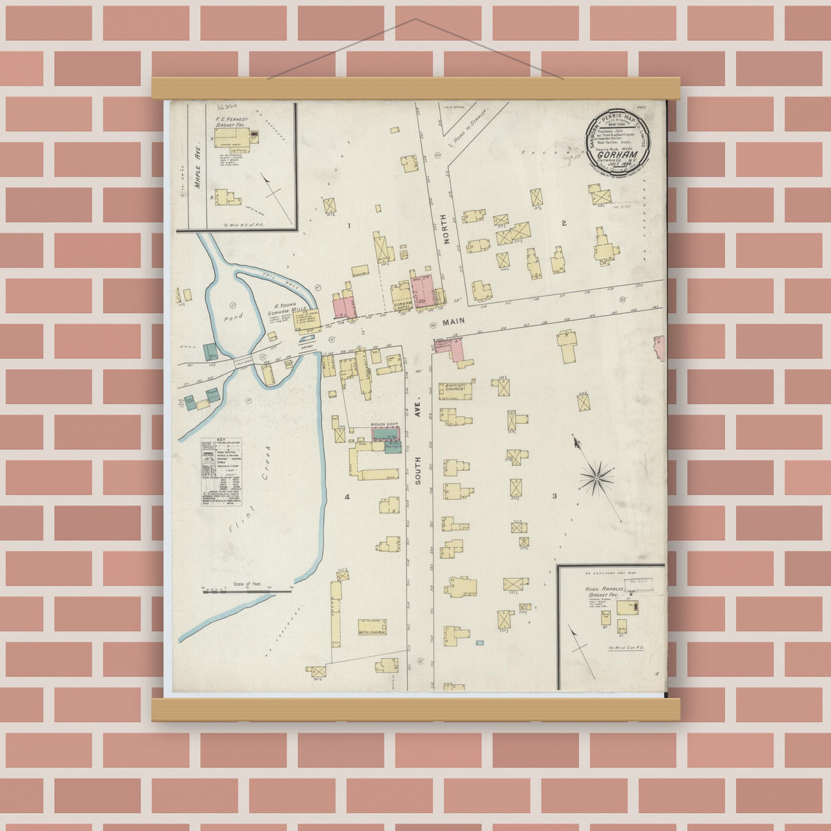 Old map wall art mockup — magnetic wood frame on brick wall — Sanborn Fire Insurance Map from Gorham, Ontario County, New York (1894), Sheet #0001