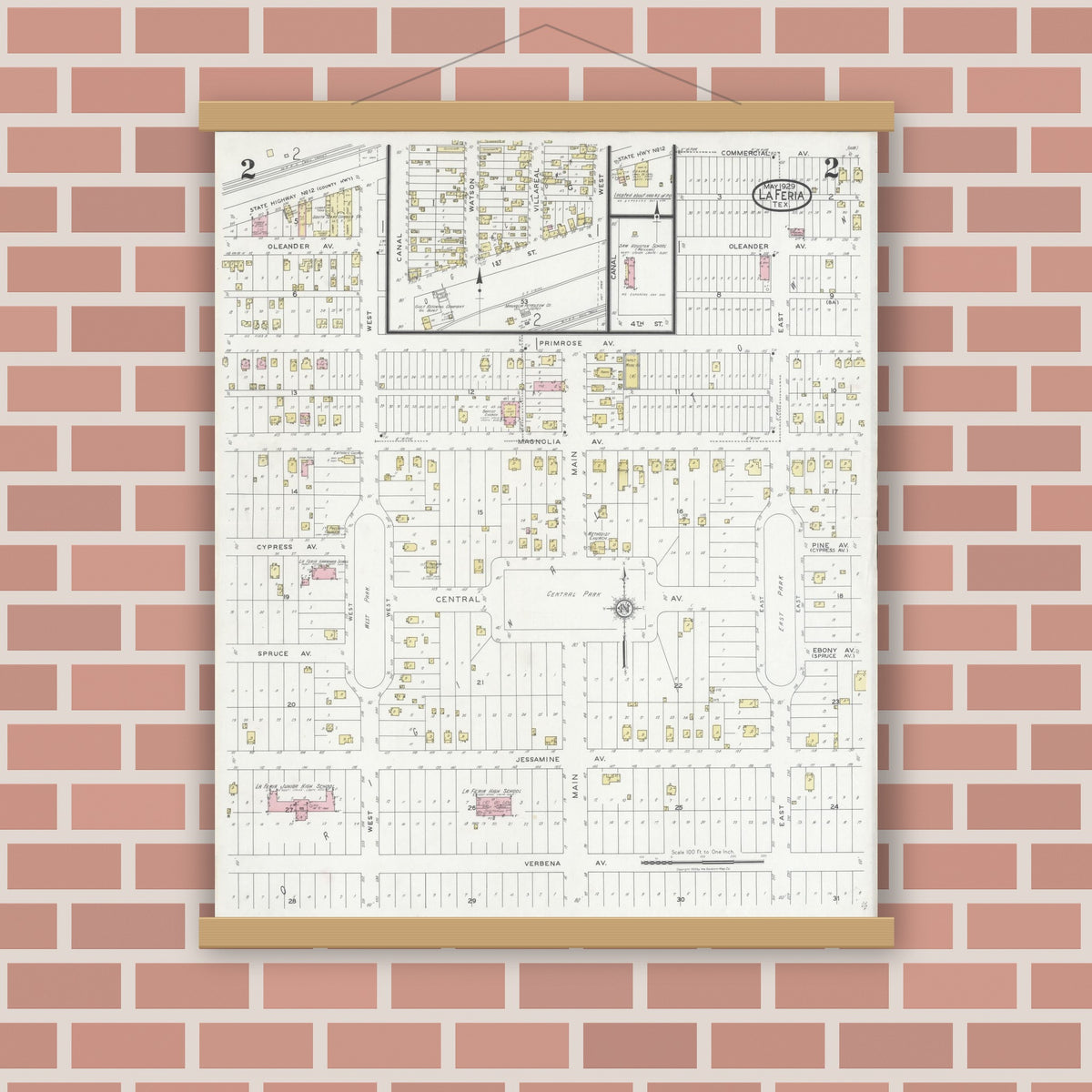 Old map wall art mockup — magnetic wood frame on brick wall — Sanborn Fire Insurance Map from La Feria, Cameron County, Texas (1929), Sheet #0002