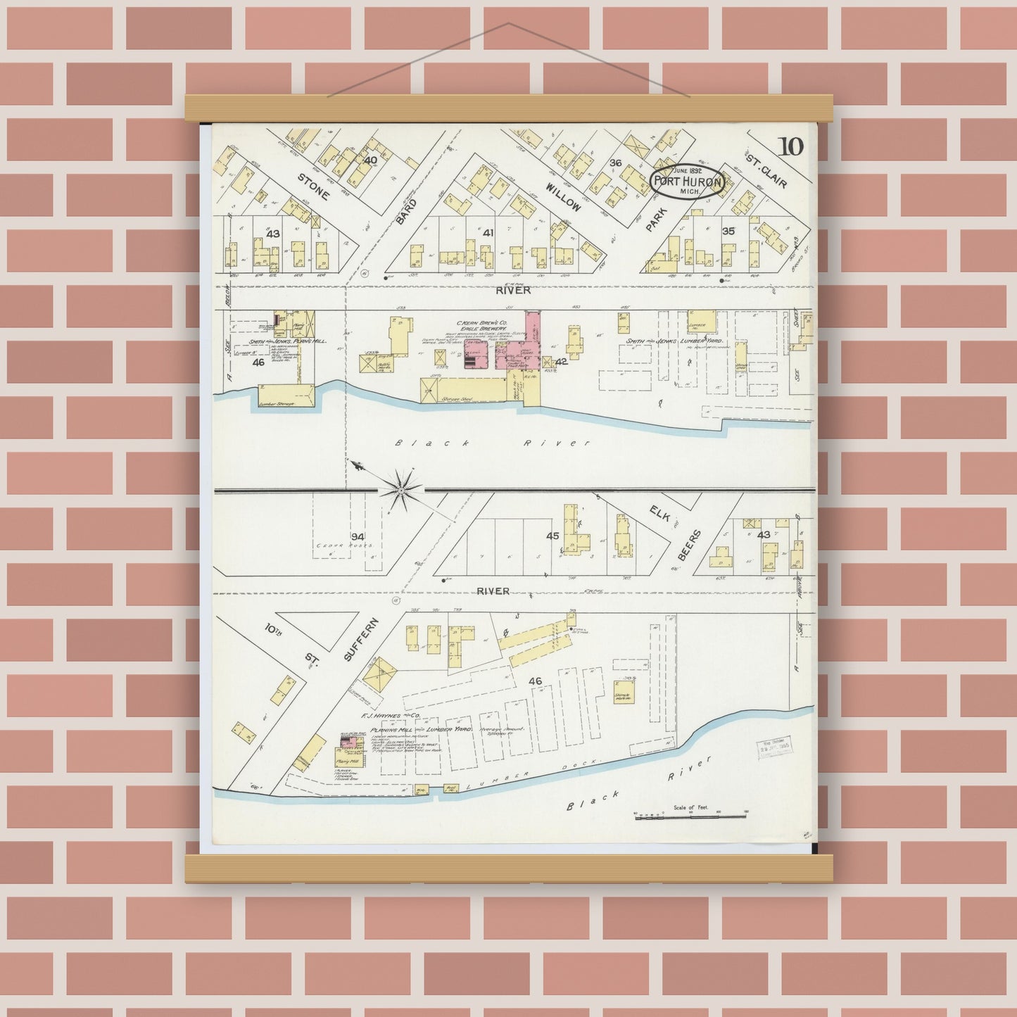 Old map wall art mockup — magnetic wood frame on brick wall — Sanborn Fire Insurance Map from Port Huron, Saint Clair County, Michigan (1892), Sheet #0010