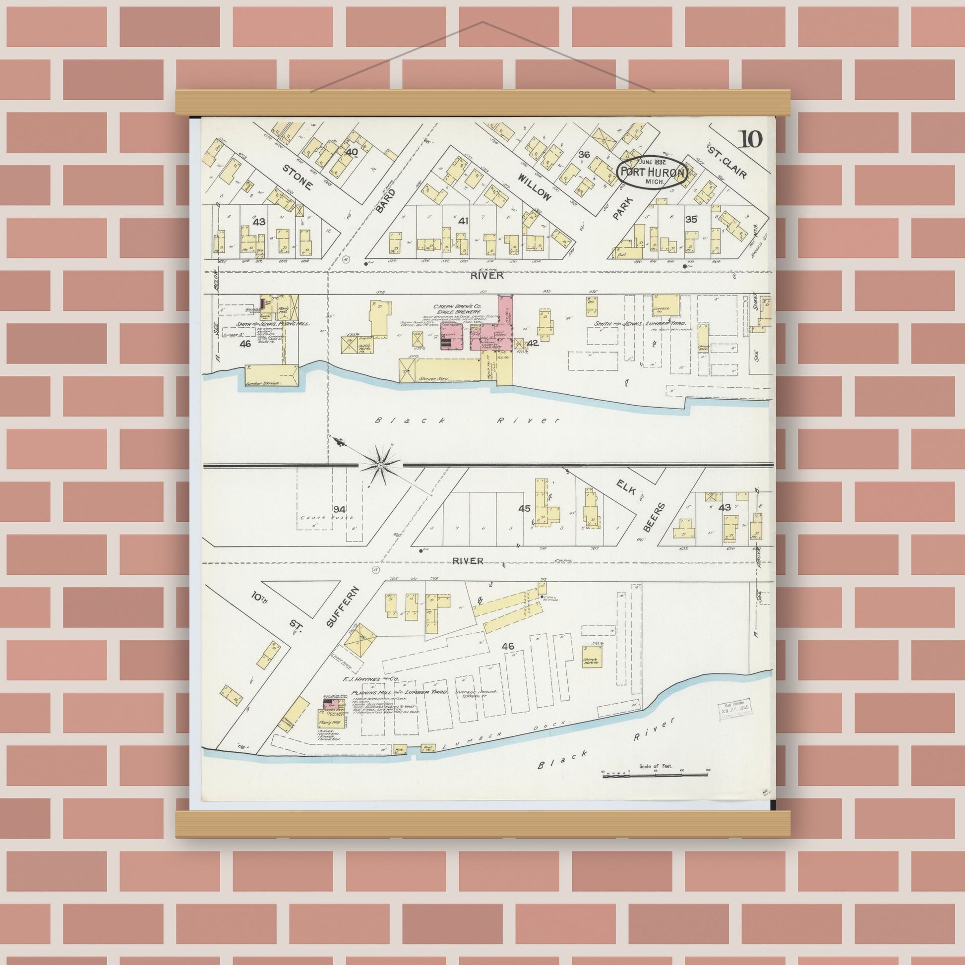Old map wall art mockup — magnetic wood frame on brick wall — Sanborn Fire Insurance Map from Port Huron, Saint Clair County, Michigan (1892), Sheet #0010