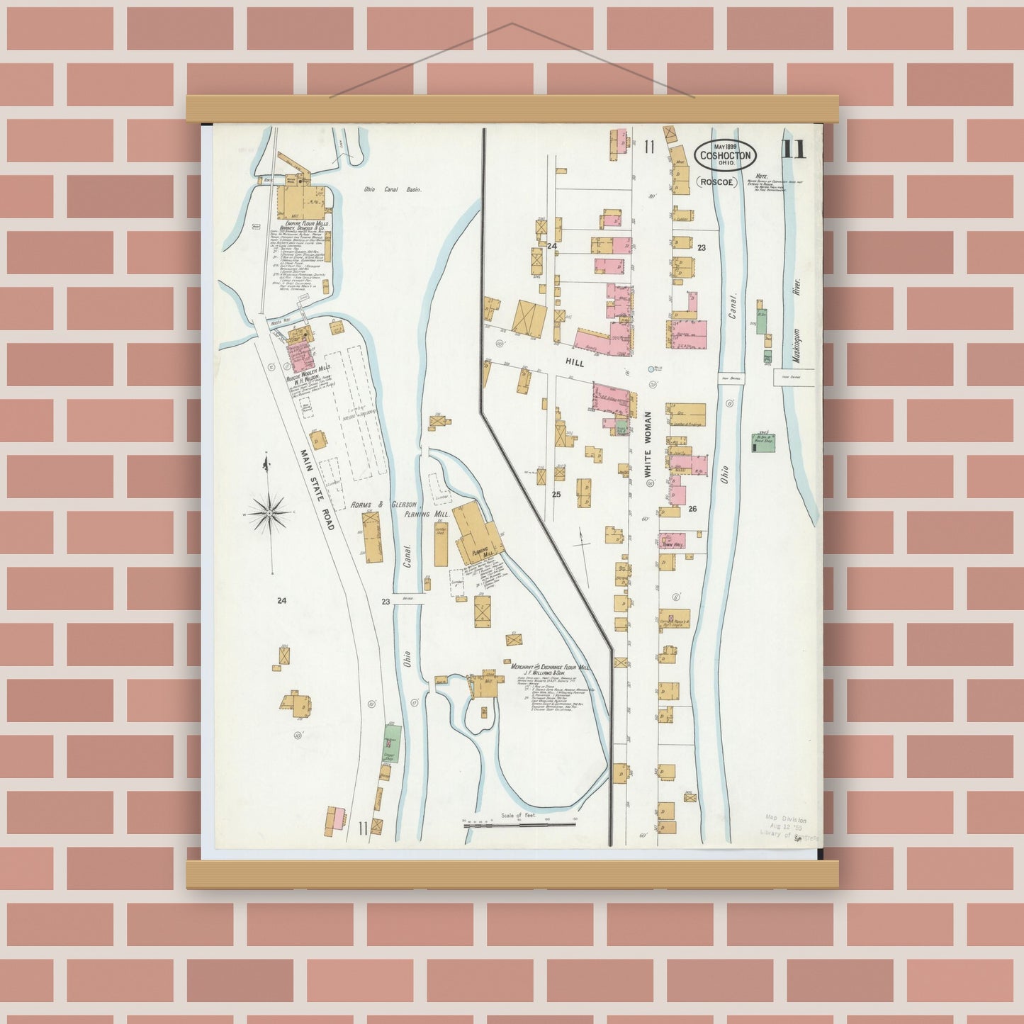Old map wall art mockup — magnetic wood frame on brick wall — Sanborn Fire Insurance Map from Coshocton, Coshocton County, Ohio (1899), Sheet #0011
