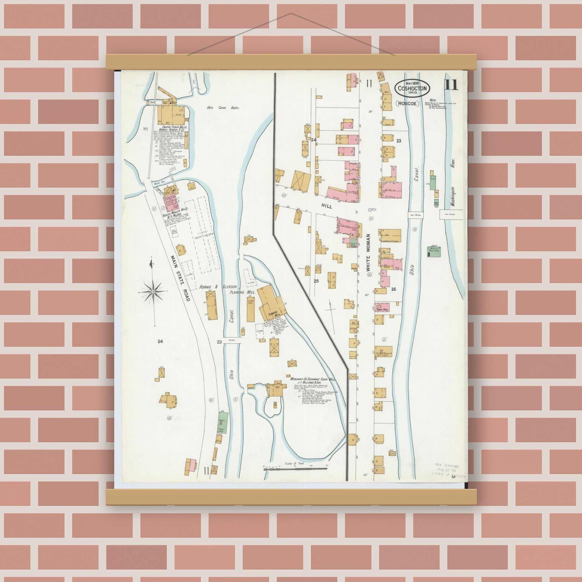 Old map wall art mockup — magnetic wood frame on brick wall — Sanborn Fire Insurance Map from Coshocton, Coshocton County, Ohio (1899), Sheet #0011