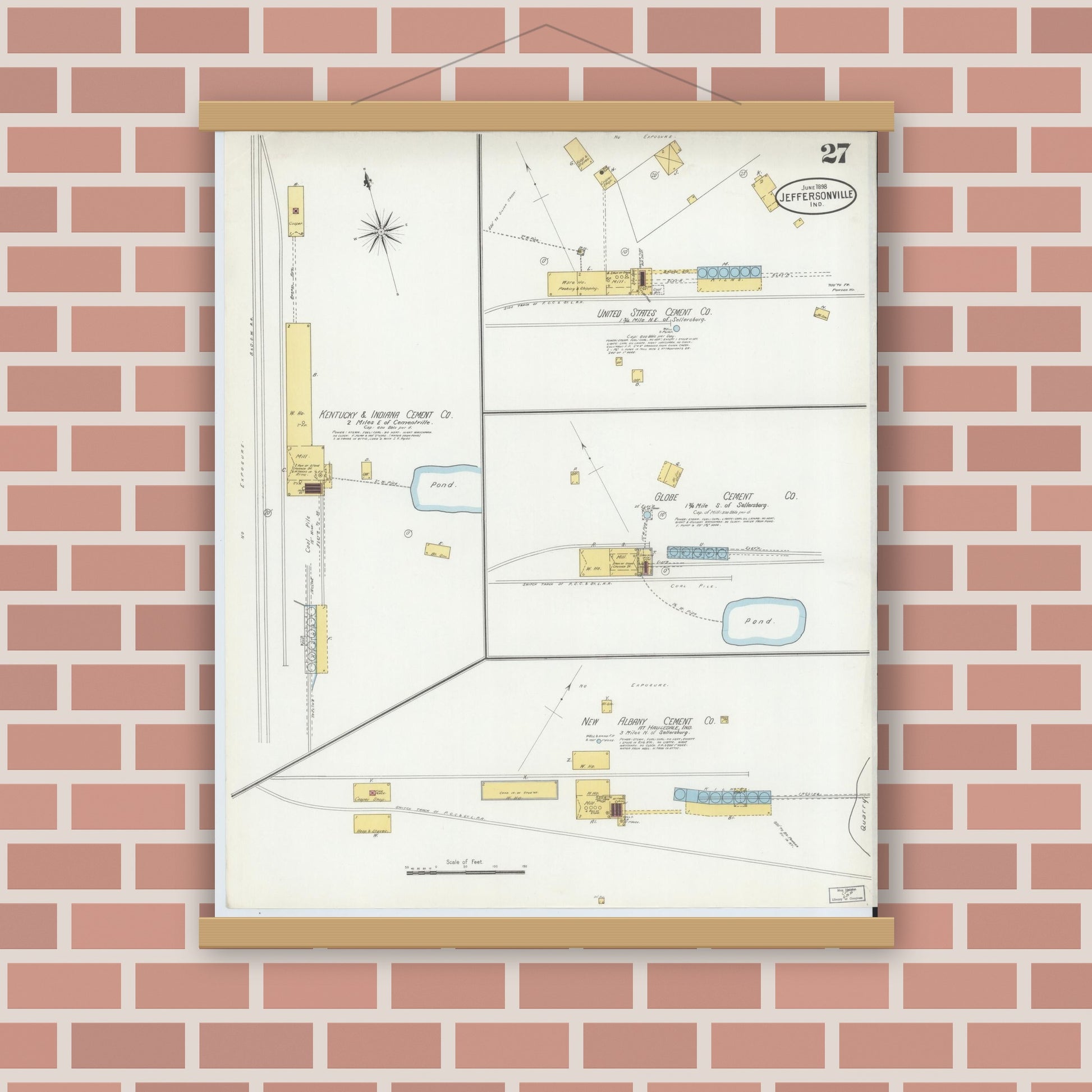 Old map wall art mockup — magnetic wood frame on brick wall — Sanborn Fire Insurance Map from Jeffersonville, Clark County, Indiana (1898), Sheet #0027