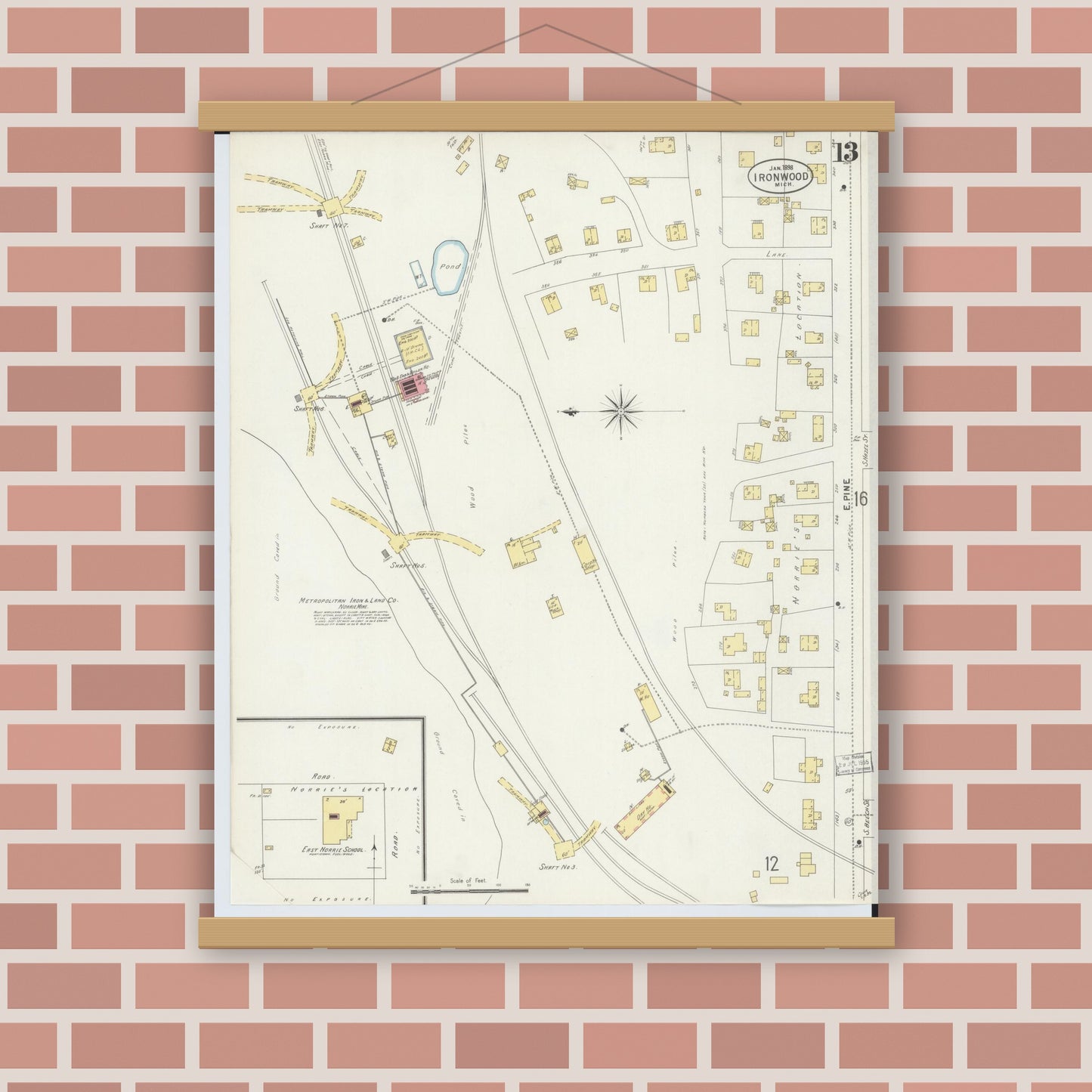 Old map wall art mockup — magnetic wood frame on brick wall — Sanborn Fire Insurance Map from Ironwood, Gogebic County, Michigan (1898), Sheet #0013