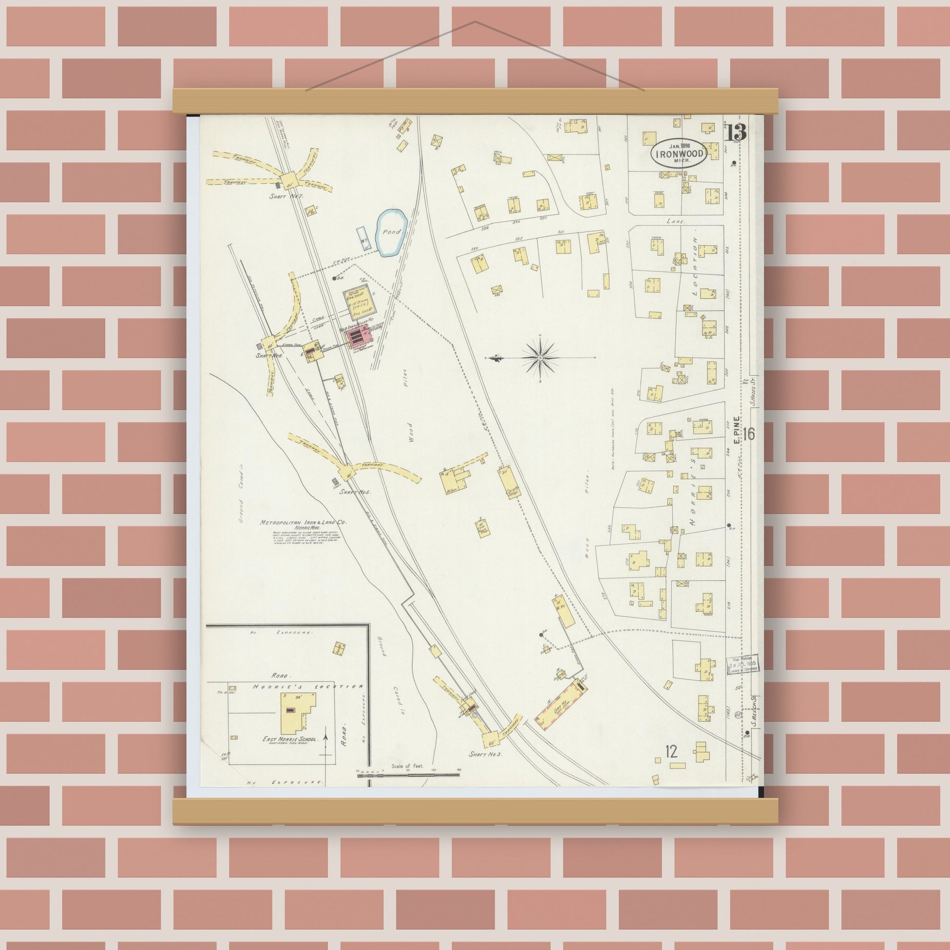 Old map wall art mockup — magnetic wood frame on brick wall — Sanborn Fire Insurance Map from Ironwood, Gogebic County, Michigan (1898), Sheet #0013