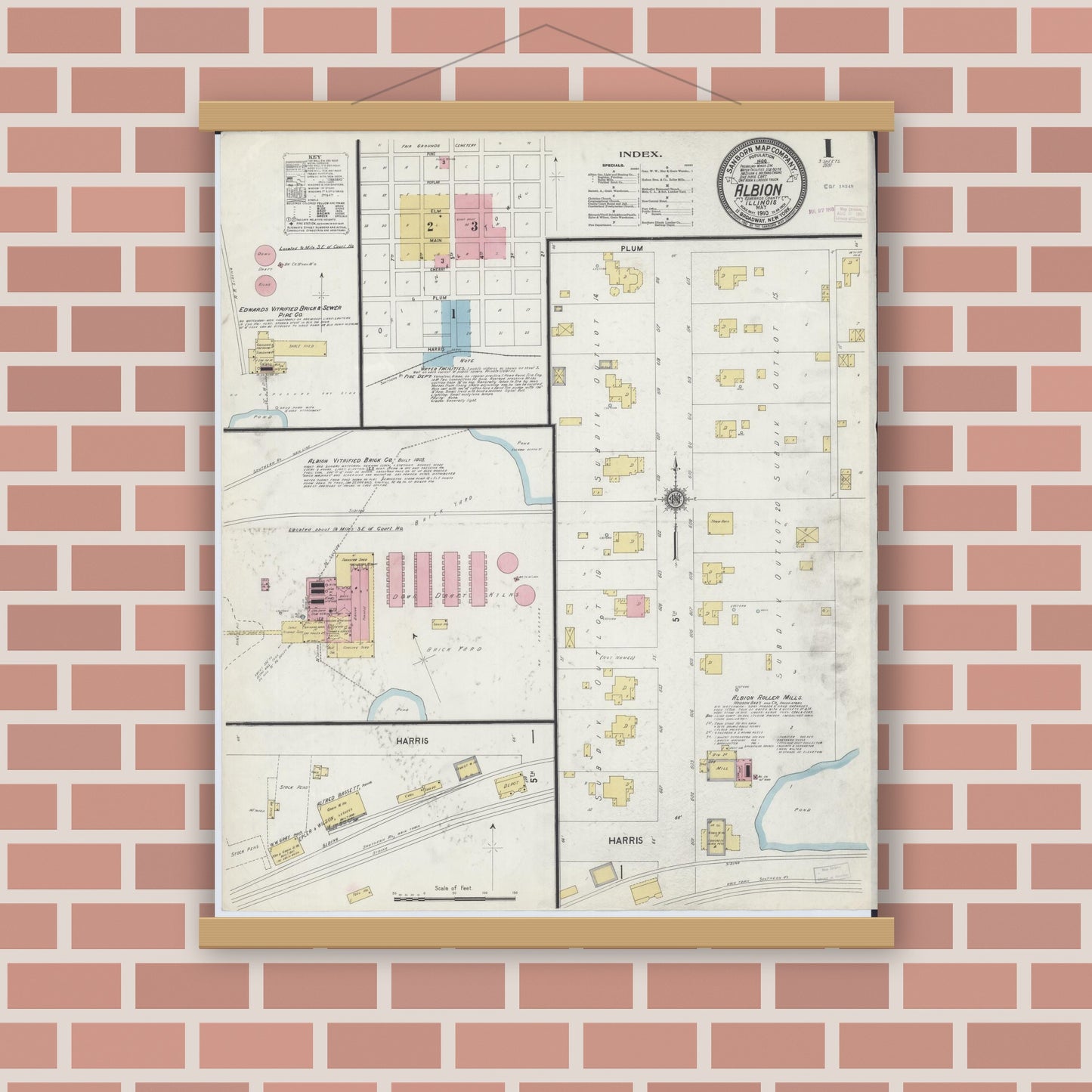 Old map wall art mockup — magnetic wood frame on brick wall — Sanborn Fire Insurance Map from Albion, Edwards County, Illinois (1910) - Complete Map Set
