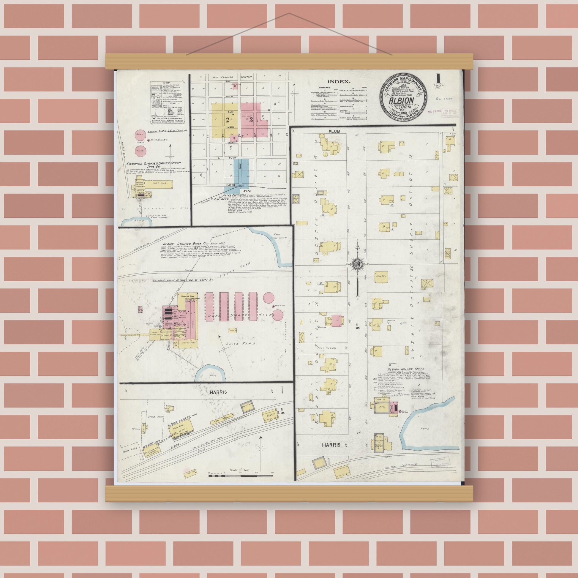 Old map wall art mockup — magnetic wood frame on brick wall — Sanborn Fire Insurance Map from Albion, Edwards County, Illinois (1910) - Complete Map Set