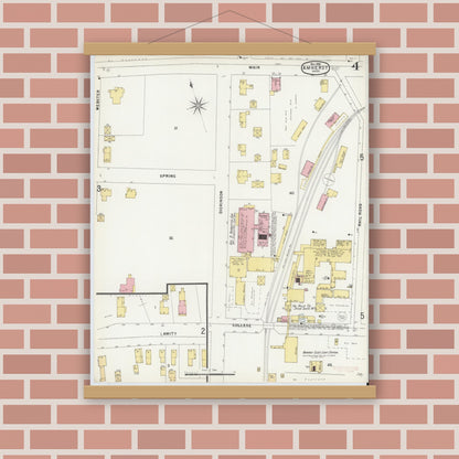 Old map wall art mockup — magnetic wood frame on brick wall — Sanborn Fire Insurance Map from Amherst, Hampshire County, Massachusetts (1896), Sheet #0004