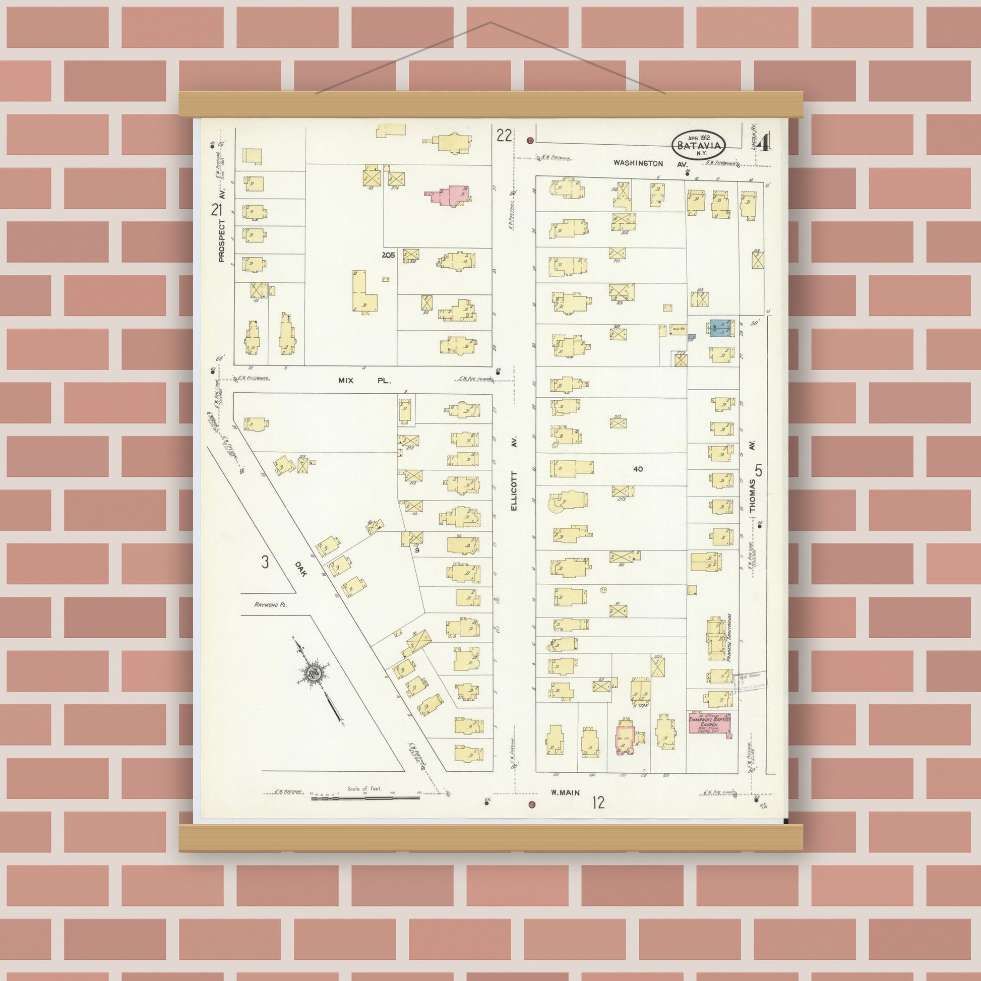 Old map wall art mockup — magnetic wood frame on brick wall — Sanborn Fire Insurance Map from Batavia, Genesee County, New York (1912), Sheet #0004