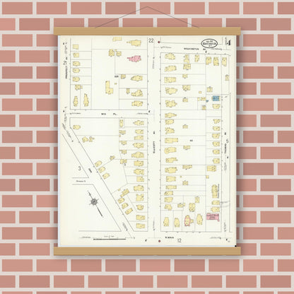 Old map wall art mockup — magnetic wood frame on brick wall — Sanborn Fire Insurance Map from Batavia, Genesee County, New York (1912), Sheet #0004