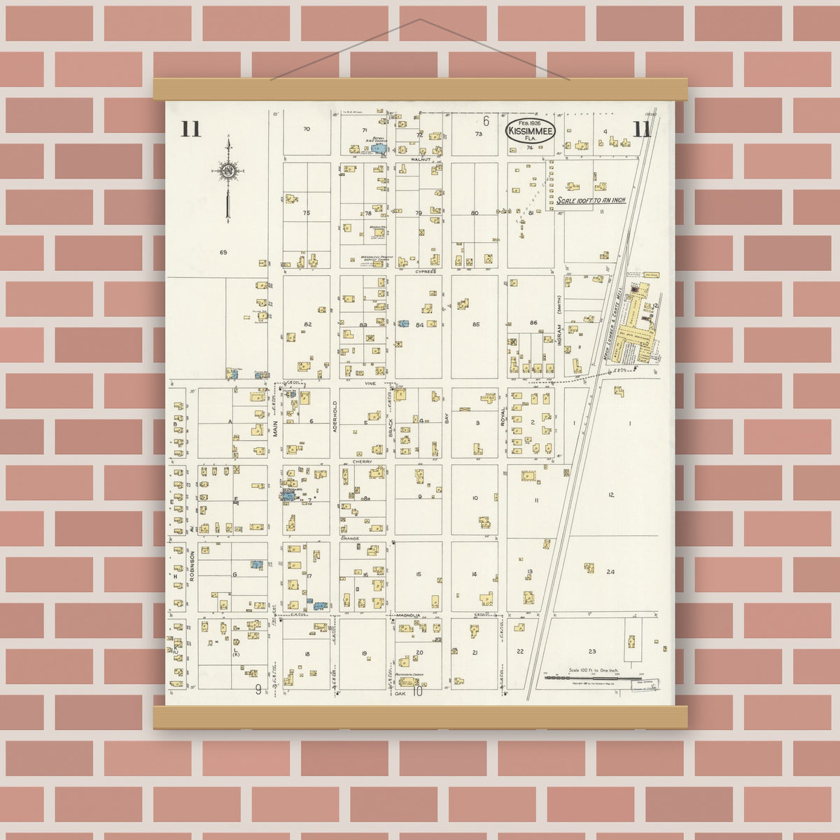Old map wall art mockup — magnetic wood frame on brick wall — Sanborn Fire Insurance Map from Kissimmee, Osceola County, Florida (1926), Sheet #0011