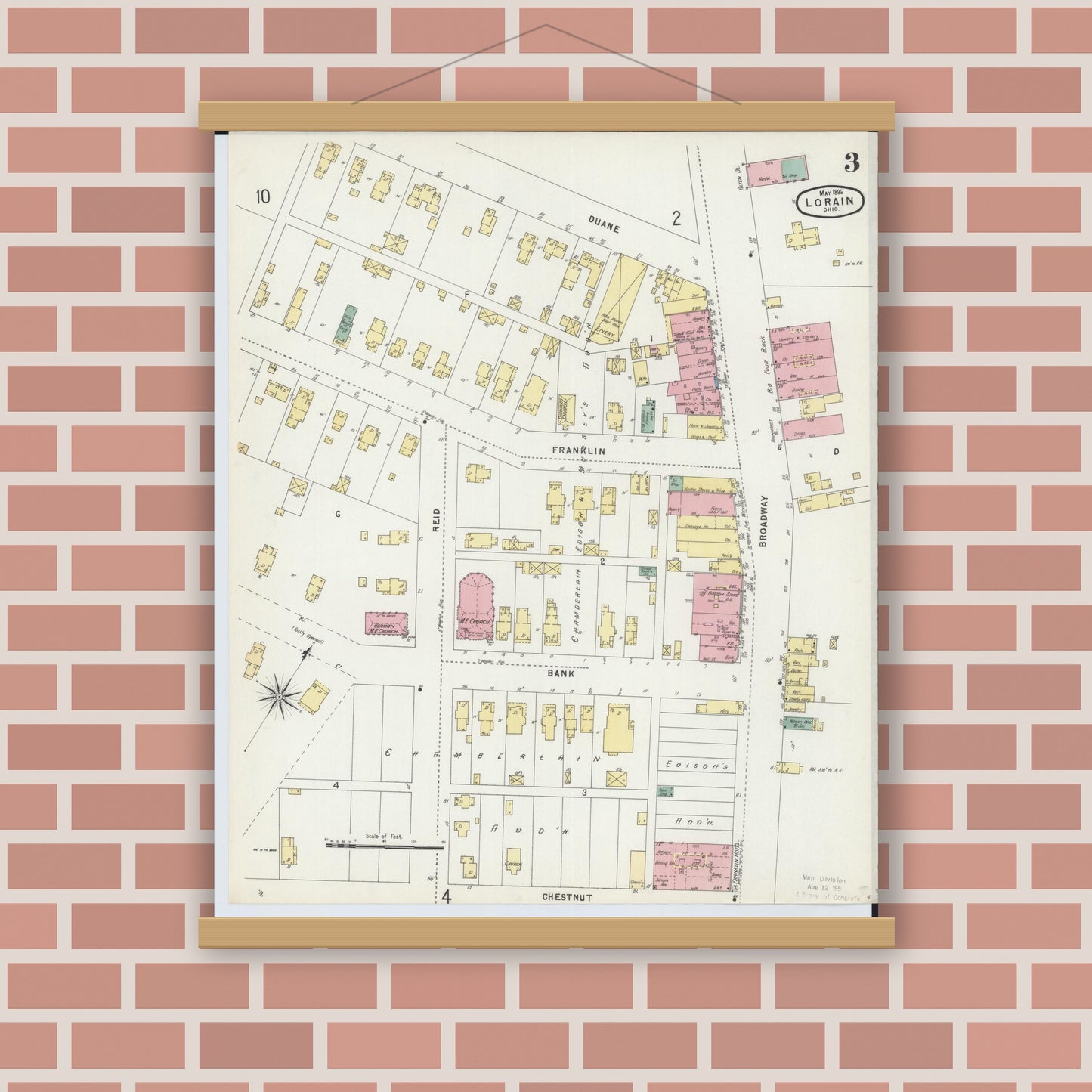 Old map wall art mockup — magnetic wood frame on brick wall — Sanborn Fire Insurance Map from Lorain, Lorain County, Ohio (1896), Sheet #0003
