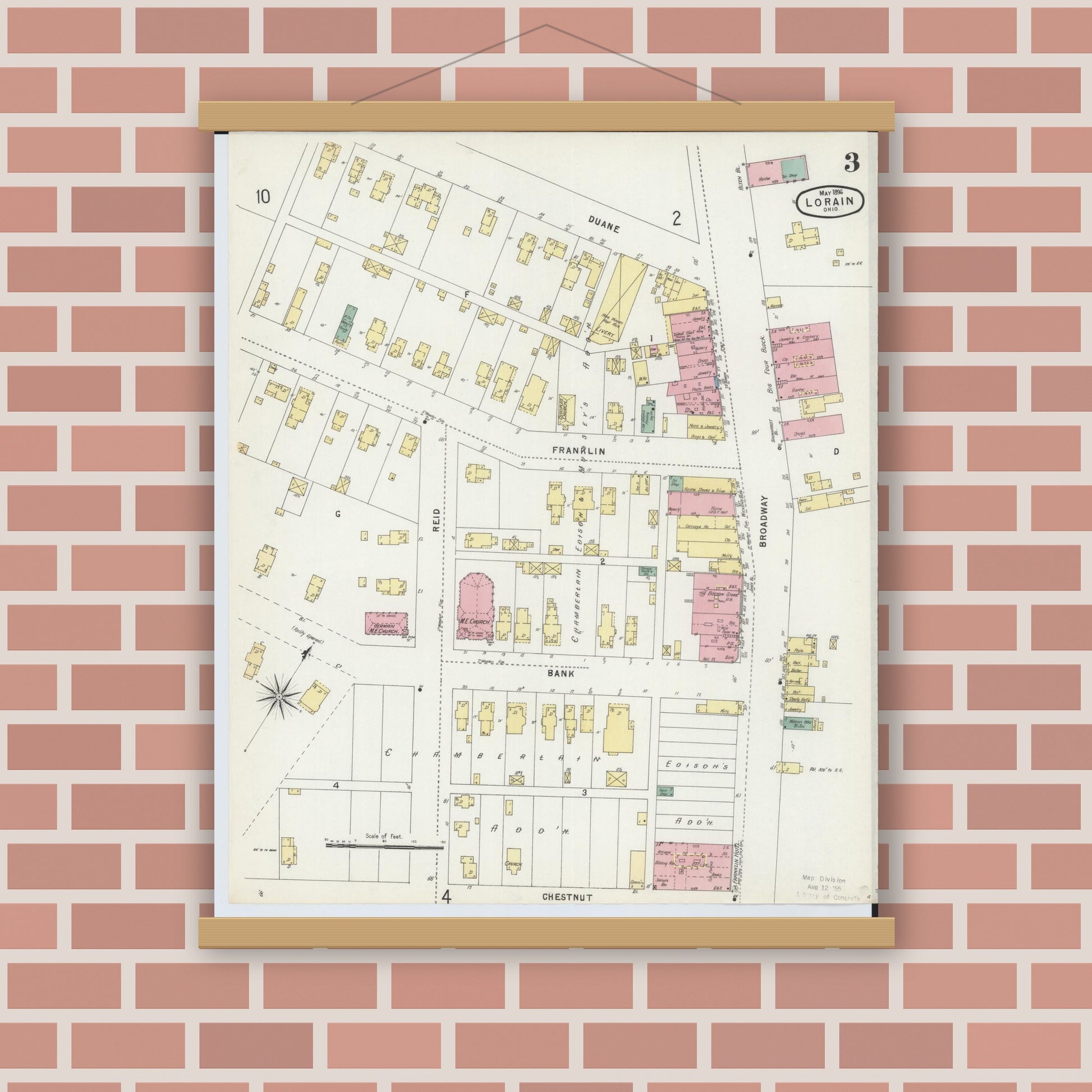 Old map wall art mockup — magnetic wood frame on brick wall — Sanborn Fire Insurance Map from Lorain, Lorain County, Ohio (1896), Sheet #0003
