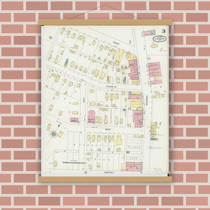 Old map wall art mockup — magnetic wood frame on brick wall — Sanborn Fire Insurance Map from Lorain, Lorain County, Ohio (1896), Sheet #0003
