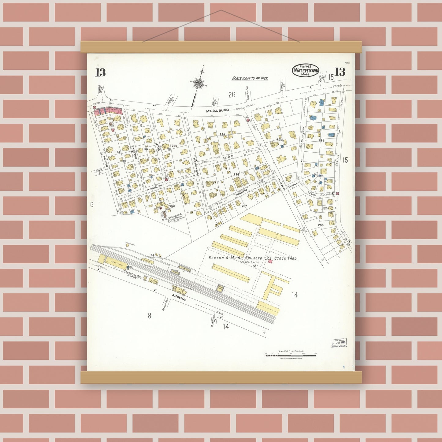 Old map wall art mockup — magnetic wood frame on brick wall — Sanborn Fire Insurance Map from Watertown, Middlesex County, Massachusetts (1923), Sheet #0013