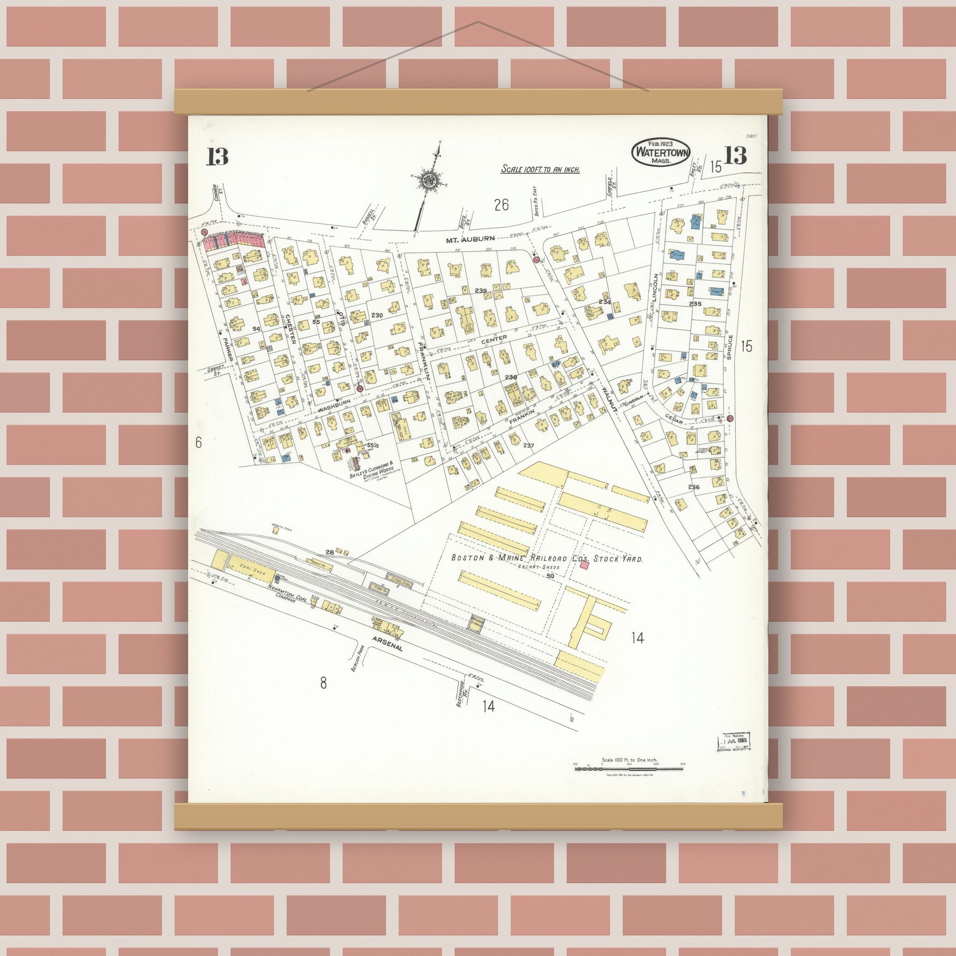 Old map wall art mockup — magnetic wood frame on brick wall — Sanborn Fire Insurance Map from Watertown, Middlesex County, Massachusetts (1923), Sheet #0013