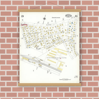 Old map wall art mockup — magnetic wood frame on brick wall — Sanborn Fire Insurance Map from Watertown, Middlesex County, Massachusetts (1923), Sheet #0013