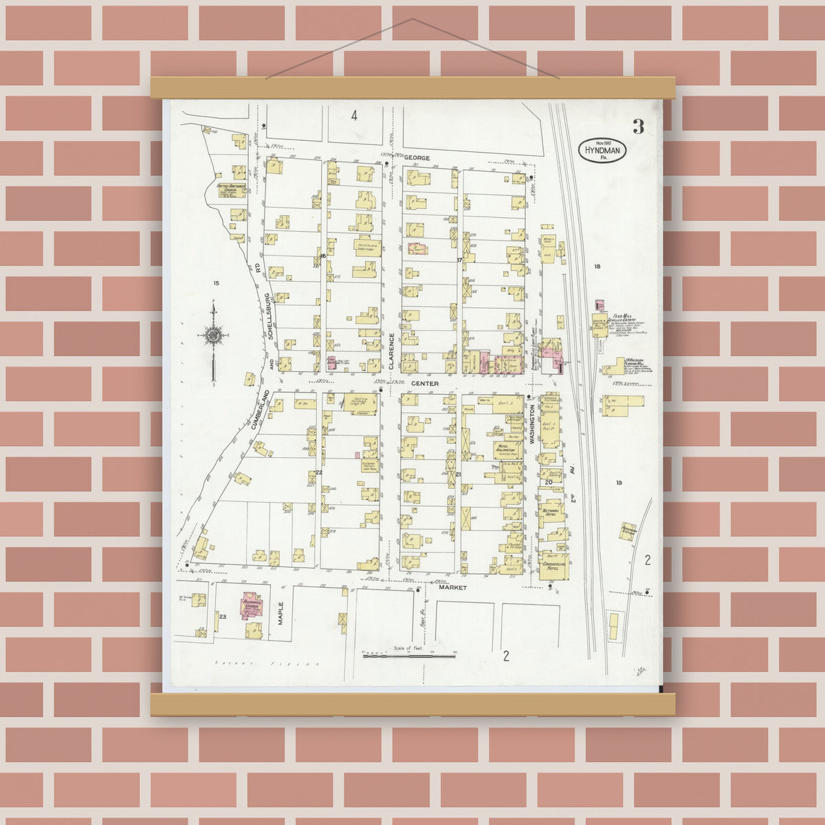 Old map wall art mockup — magnetic wood frame on brick wall — Sanborn Fire Insurance Map from Hyndman, Bedford County, Pennsylvania (1910), Sheet #0003