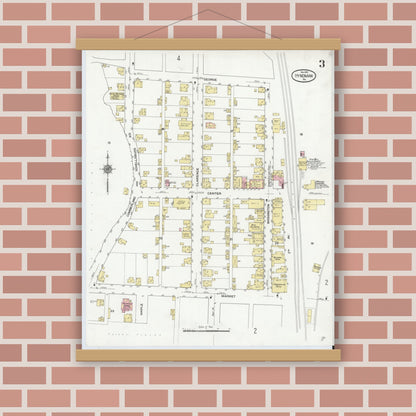 Old map wall art mockup — magnetic wood frame on brick wall — Sanborn Fire Insurance Map from Hyndman, Bedford County, Pennsylvania (1910), Sheet #0003