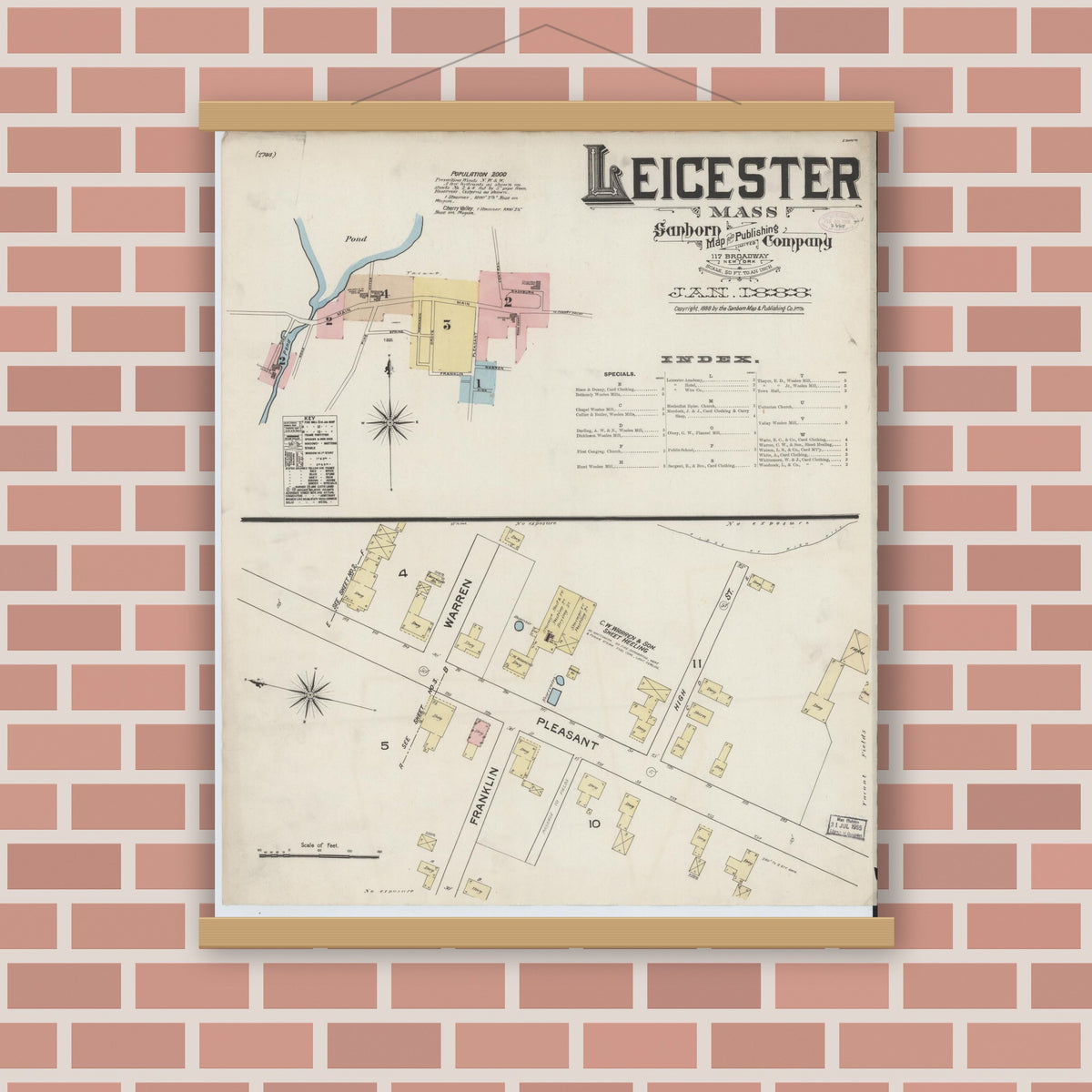 Old map wall art mockup — magnetic wood frame on brick wall — Sanborn Fire Insurance Map from Leicester, Worcester County, Massachusetts (1888) - Complete Map Set