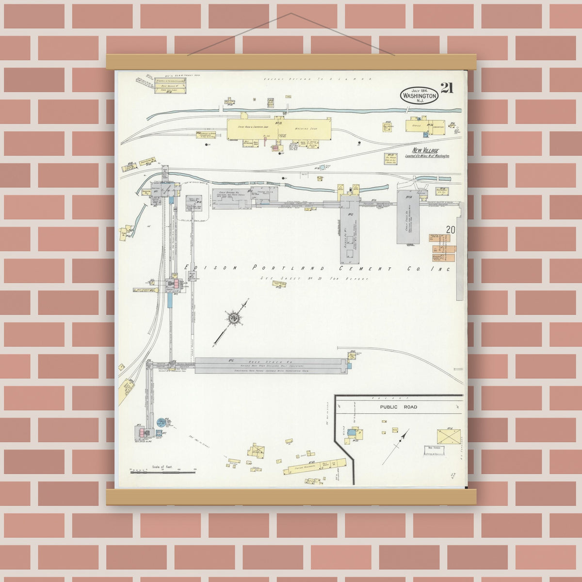 Old map wall art mockup — magnetic wood frame on brick wall — Sanborn Fire Insurance Map from Washington, Warren County, New Jersey (1914), Sheet #0021