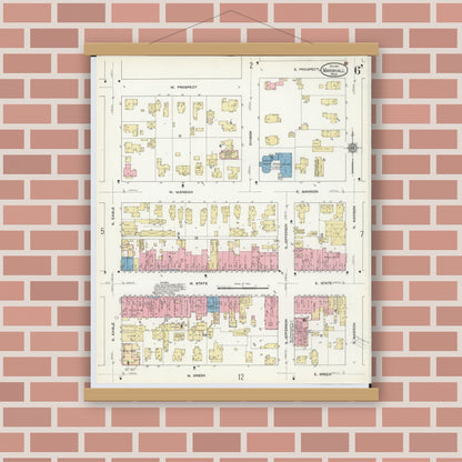 Old map wall art mockup — magnetic wood frame on brick wall — Sanborn Fire Insurance Map from Marshall, Calhoun County, Michigan (1911), Sheet #0006