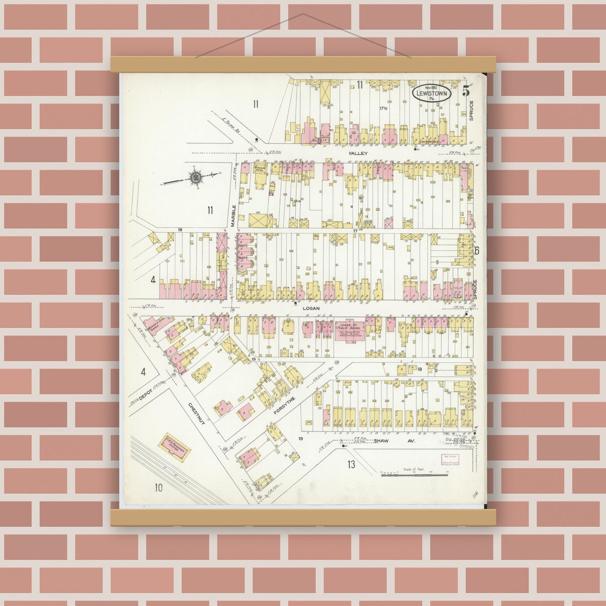 Old map wall art mockup — magnetic wood frame on brick wall — Sanborn Fire Insurance Map from Lewistown, Mifflin County, Pennsylvania (1910), Sheet #0005