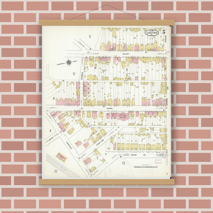 Old map wall art mockup — magnetic wood frame on brick wall — Sanborn Fire Insurance Map from Lewistown, Mifflin County, Pennsylvania (1910), Sheet #0005