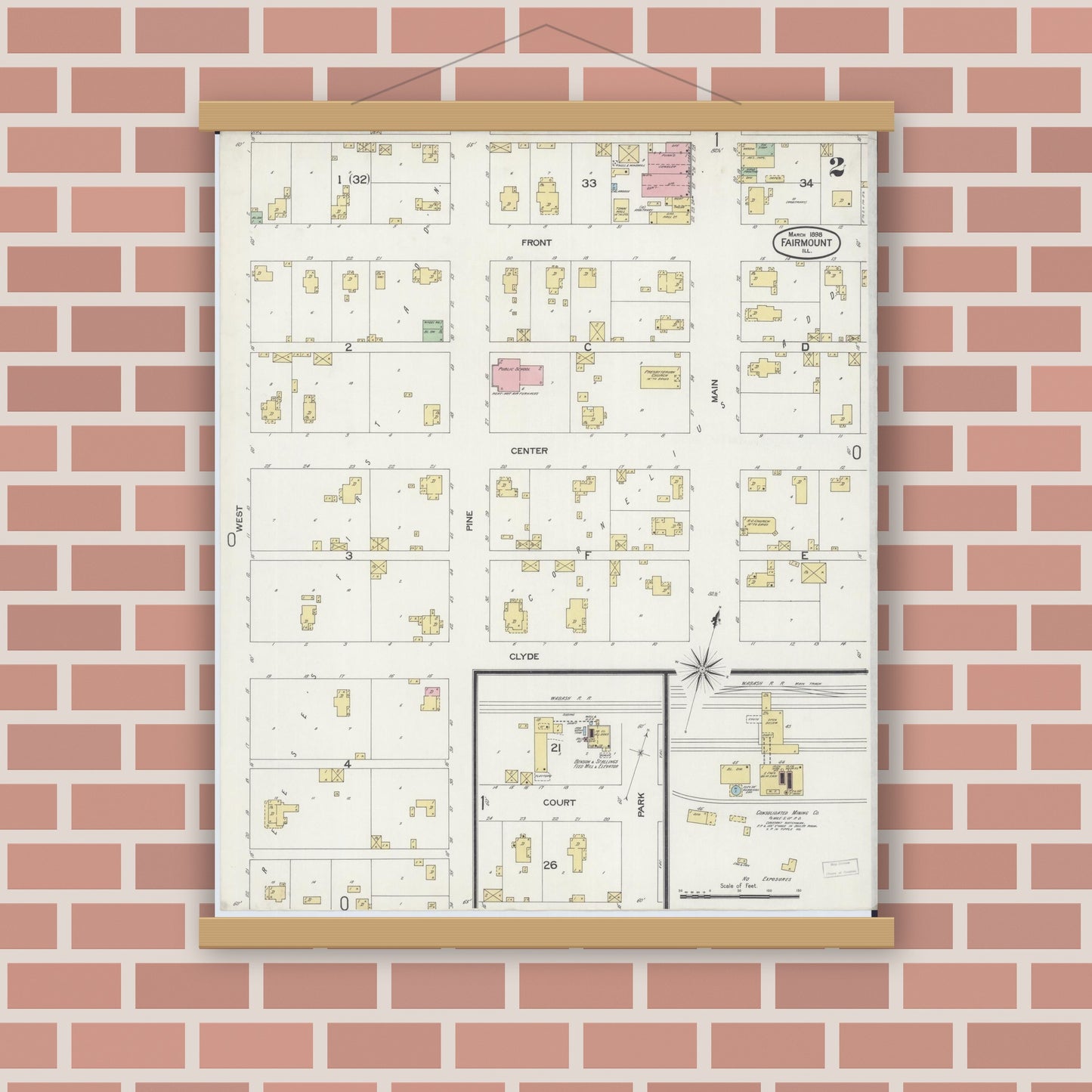 Old map wall art mockup — magnetic wood frame on brick wall — Sanborn Fire Insurance Map from Fairmount, Vermilion County, Illinois (1898), Sheet #0002