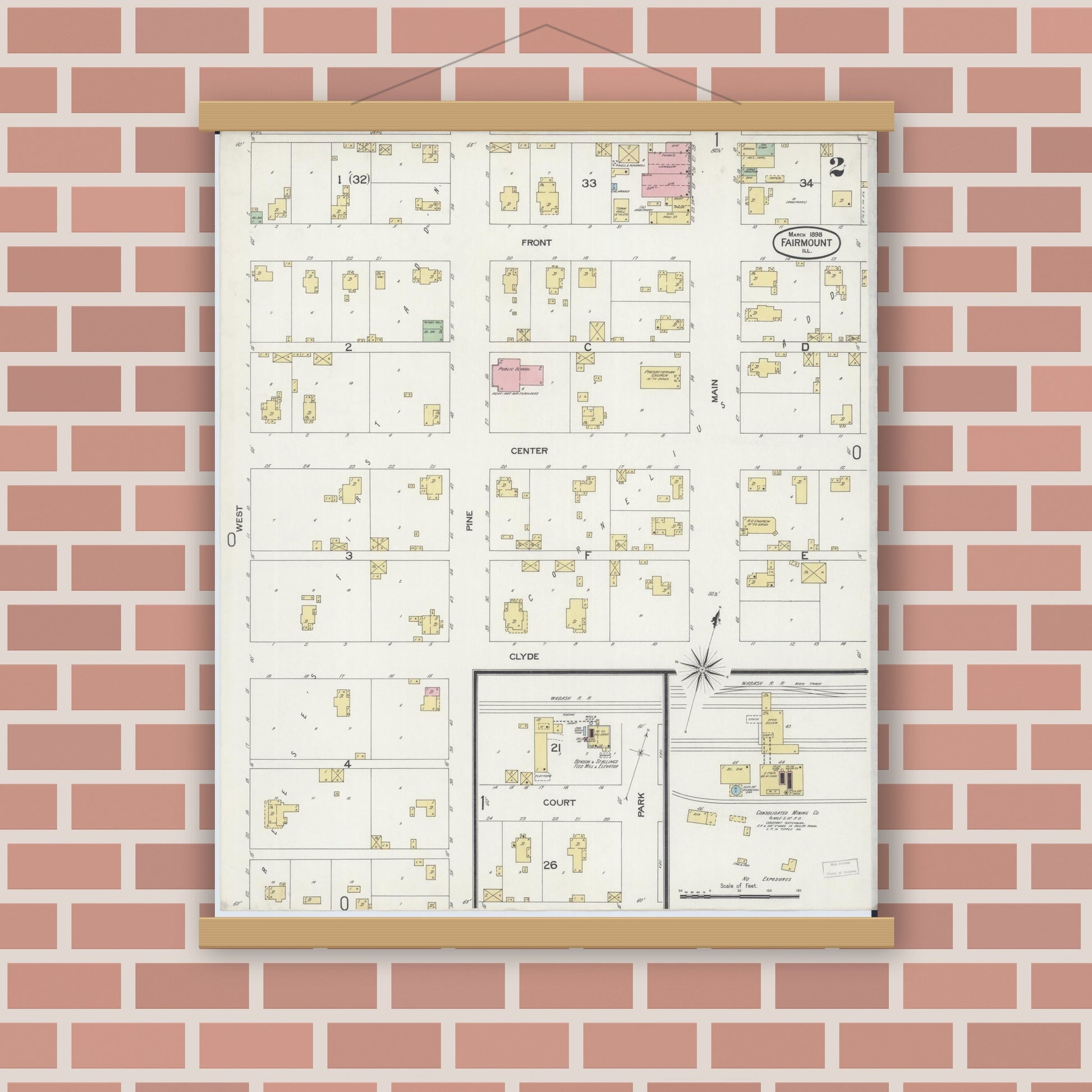 Old map wall art mockup — magnetic wood frame on brick wall — Sanborn Fire Insurance Map from Fairmount, Vermilion County, Illinois (1898), Sheet #0002