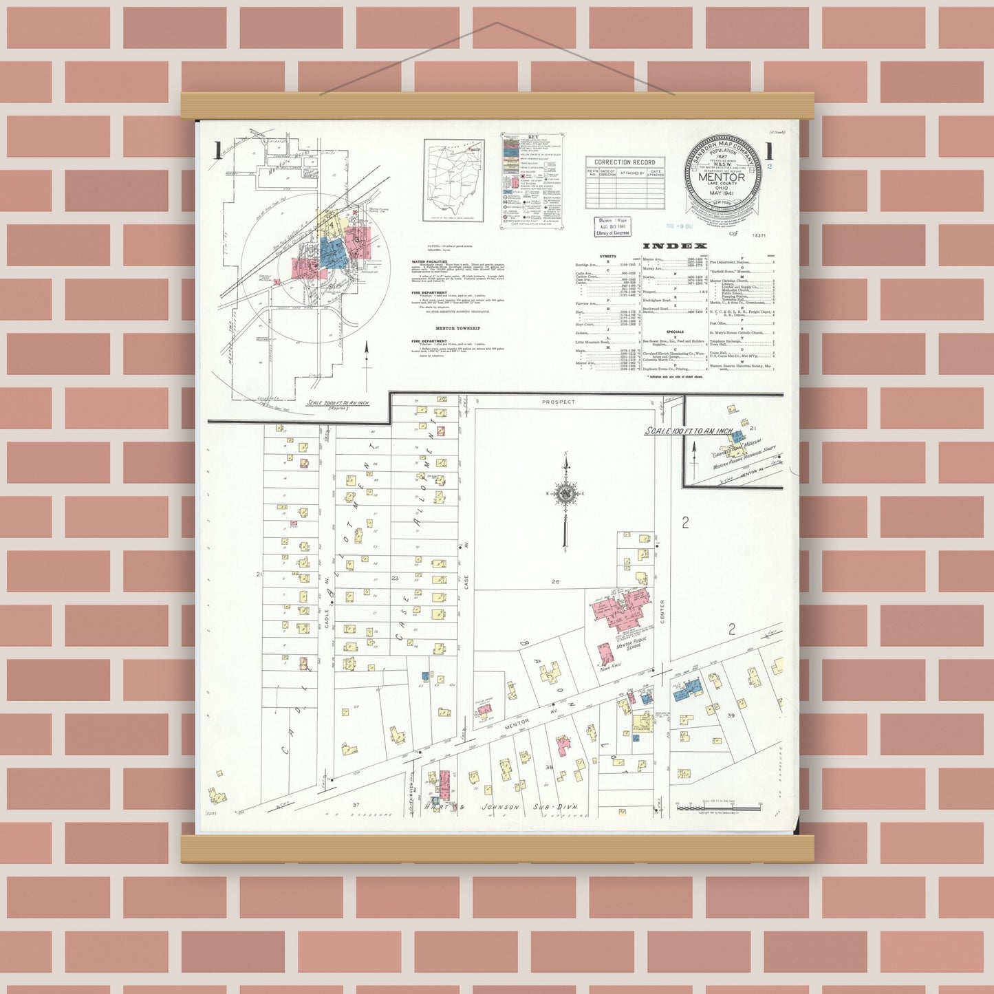 Old map wall art mockup — magnetic wood frame on brick wall — Sanborn Fire Insurance Map from Mentor, Lake County, Ohio (1941) - Complete Map Set