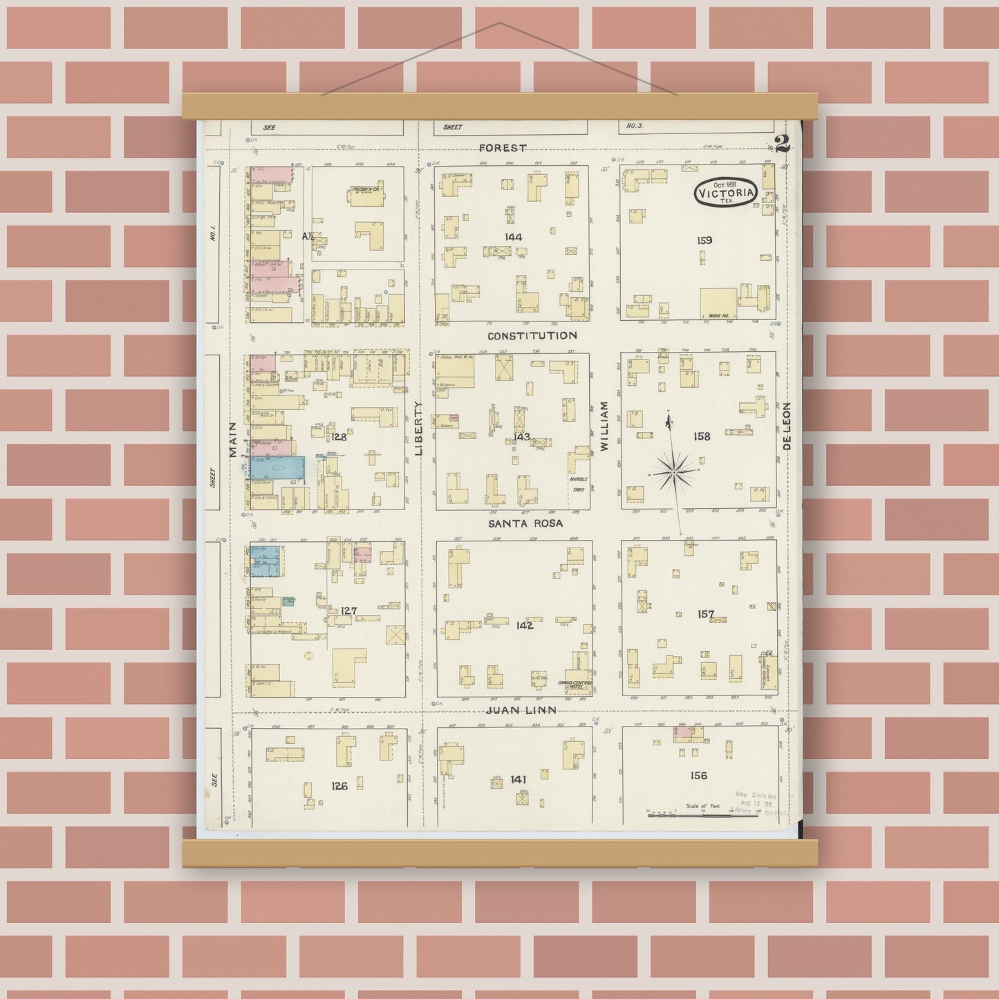 Old map wall art mockup — magnetic wood frame on brick wall — Sanborn Fire Insurance Map from Victoria, Victoria County, Texas (1891), Sheet #0002