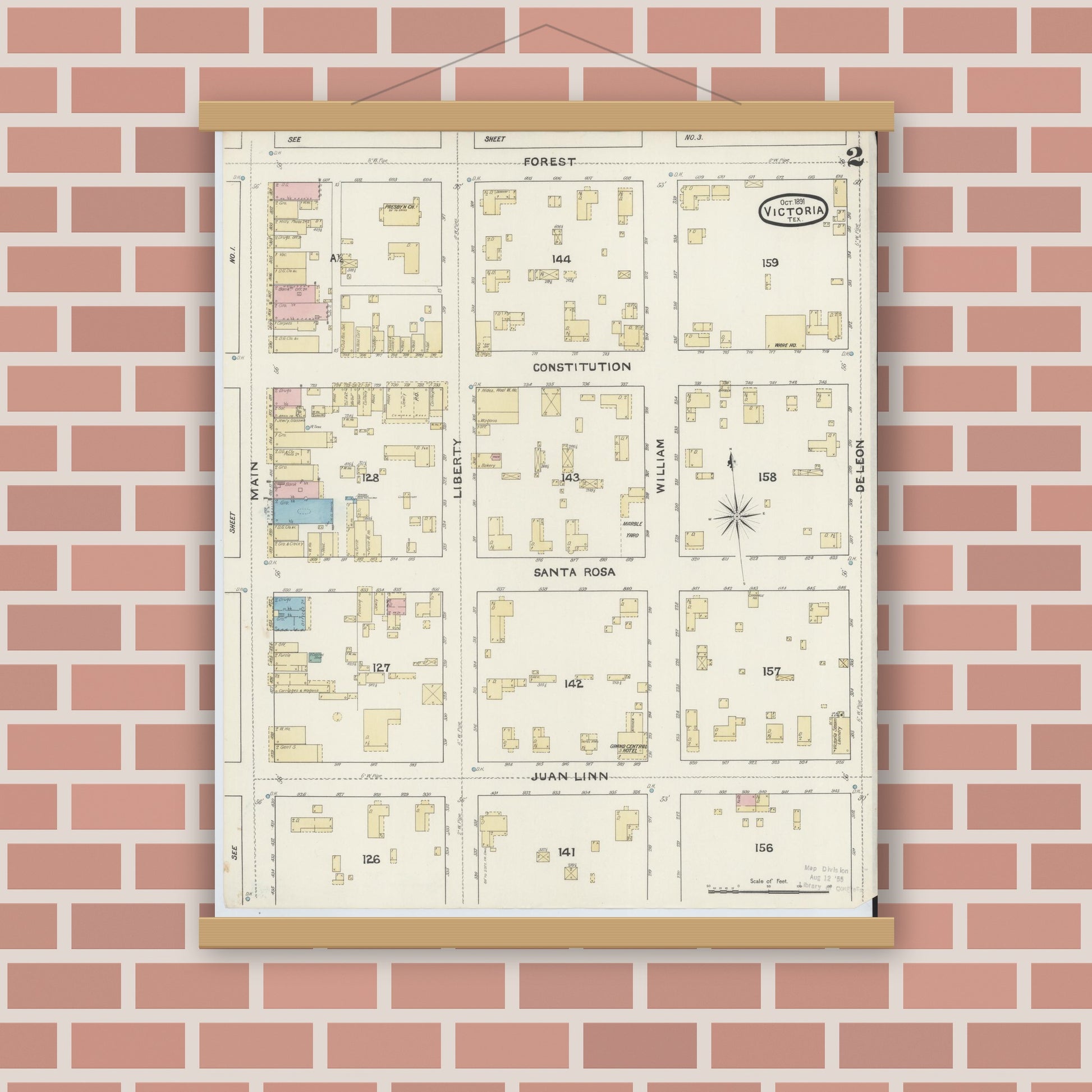 Old map wall art mockup — magnetic wood frame on brick wall — Sanborn Fire Insurance Map from Victoria, Victoria County, Texas (1891), Sheet #0002