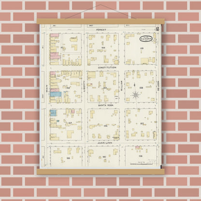 Old map wall art mockup — magnetic wood frame on brick wall — Sanborn Fire Insurance Map from Victoria, Victoria County, Texas (1891), Sheet #0002