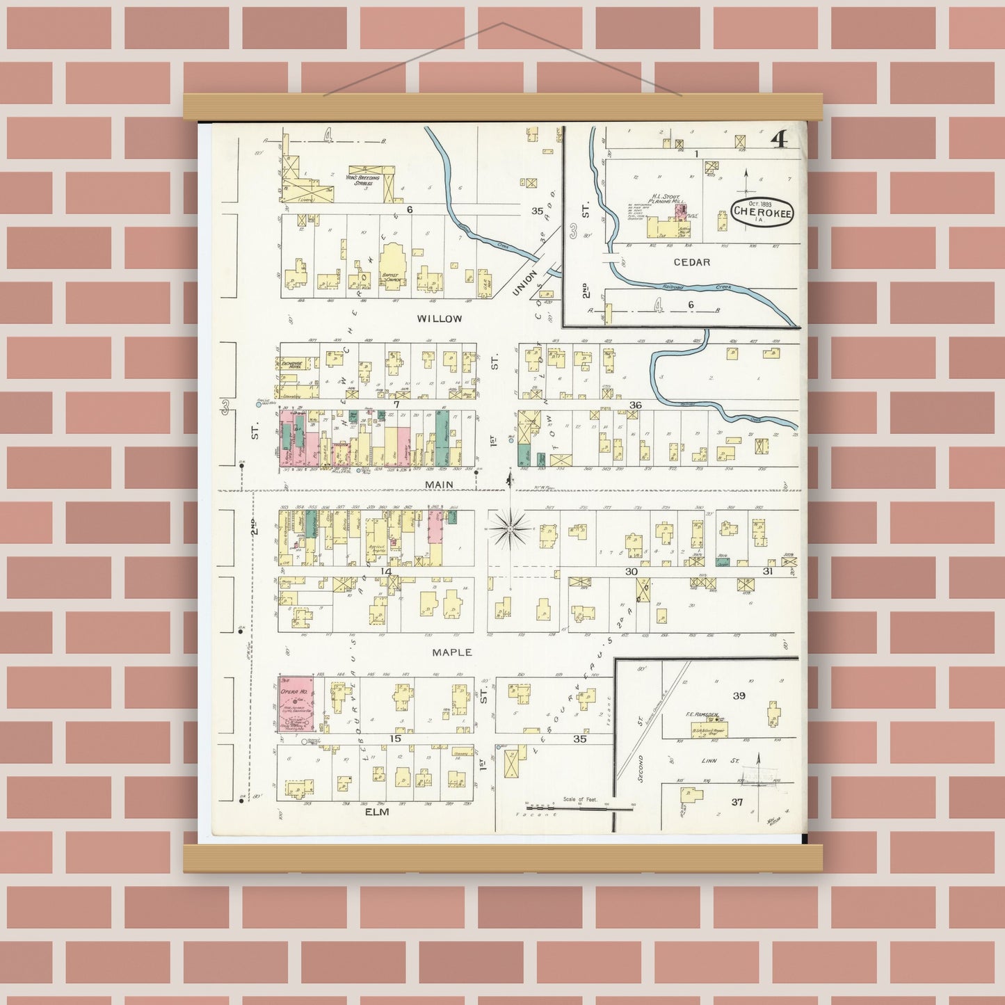 Old map wall art mockup — magnetic wood frame on brick wall — Sanborn Fire Insurance Map from Cherokee, Cherokee County, Iowa (1893), Sheet #0004